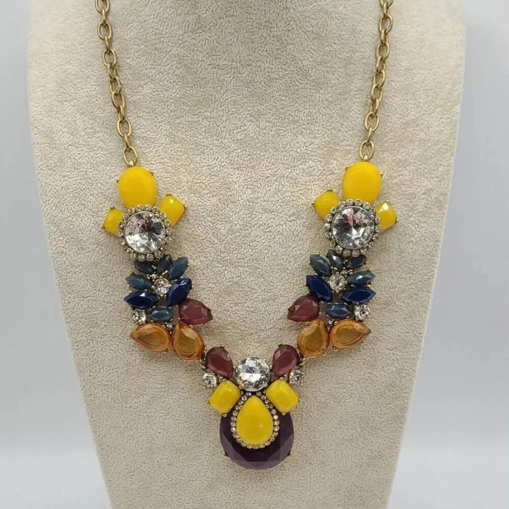 J Crew Large Chunky Multi Color (Fall) Crystal & Resin Necklace Gold Tone